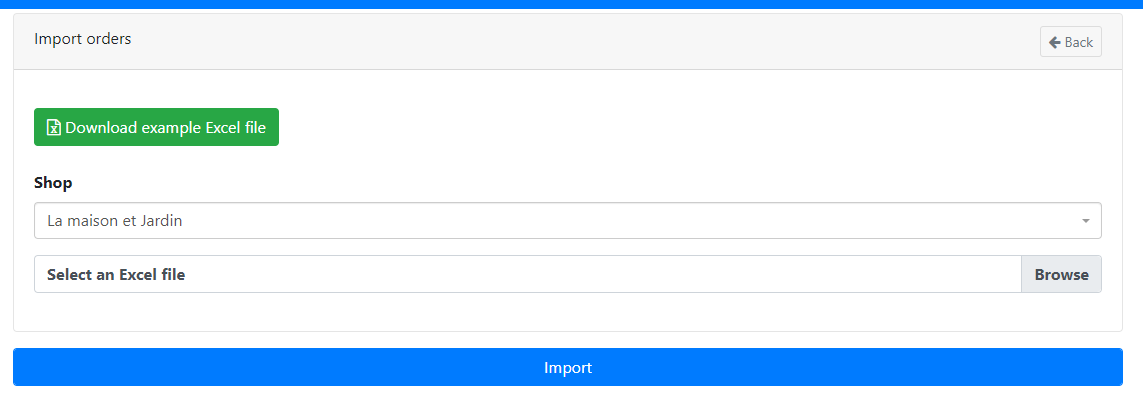 Screenshot of the order import page