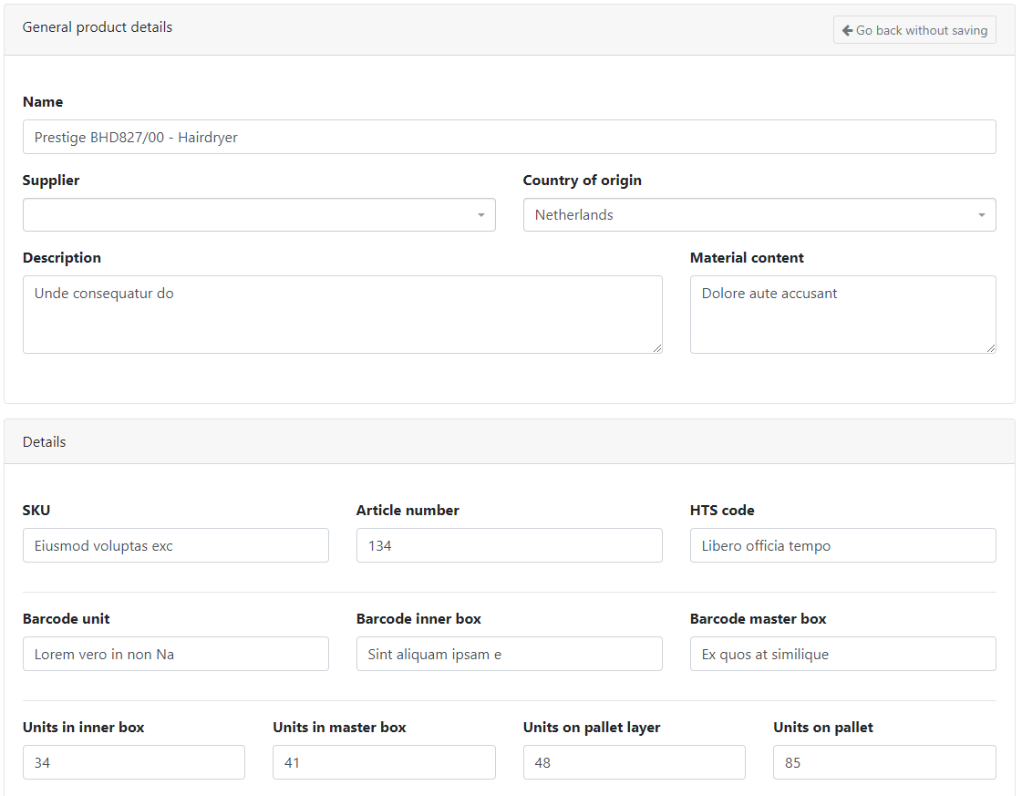 Screenshot of the product create page