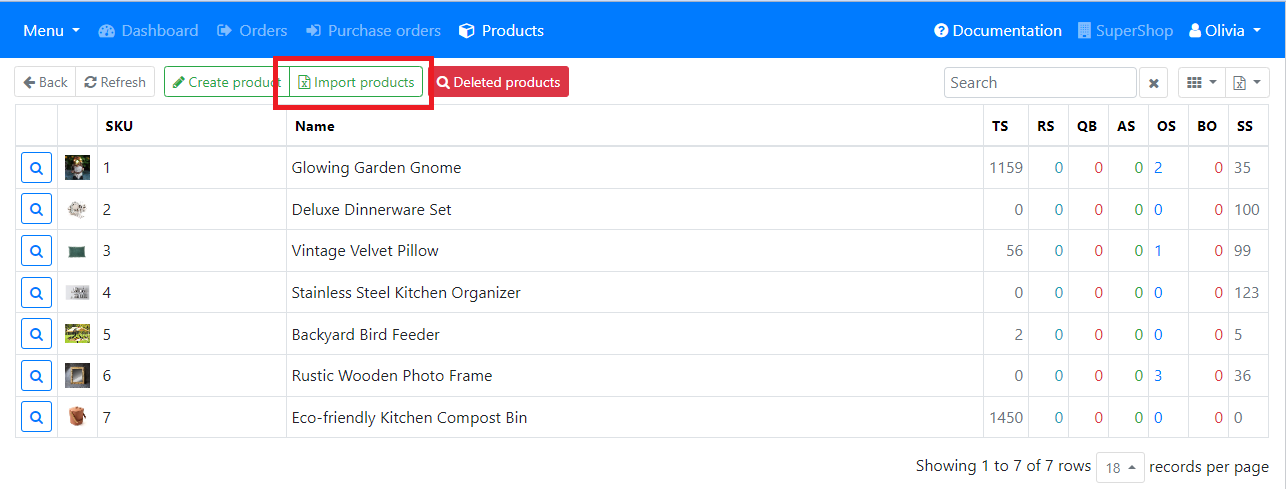 Screenshot of products overview page